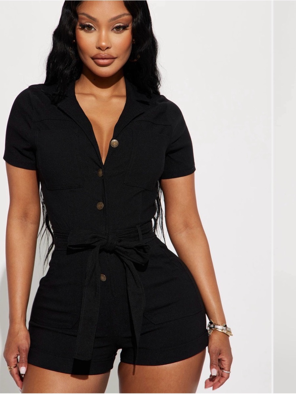 Fashion Nova Black Short-Sleeve Tie-Waist Romper